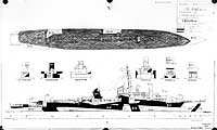 Photo # 80-G-177464:  Starboard side drawing of Camouflage Measure 32 Design 3D, for Allen M. Sumner (DD-692) class destroyers.