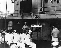 Photo # 80-G-448046:  Officers and men on USS Ajax receive instruction in spoken Japanese, while en route to Japan for the ship's second Korean War deployment, September 1952