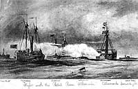 Photo # NH 1673: CSS Albemarle engaging Federal gunboats, with CSS Bombshell in the distance, 5 May 1864