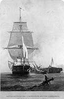 Photo # NH 2000:  USS Constitution standing near the dismasted HMS Guerriere, 19 August 1812.  Engraving after a painting by Alonzo Chappel.