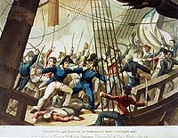 Photo # NH 65811-KN:  Boarding of USS Chesapeake by HMS Shannon.  Colored lithograph by M. Dubourg, published in 1813.