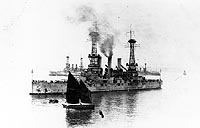 Photo # NH 93862:  USS Kansas in a French port, 1919, with USS New Hampshire and USS Connecticut beyond